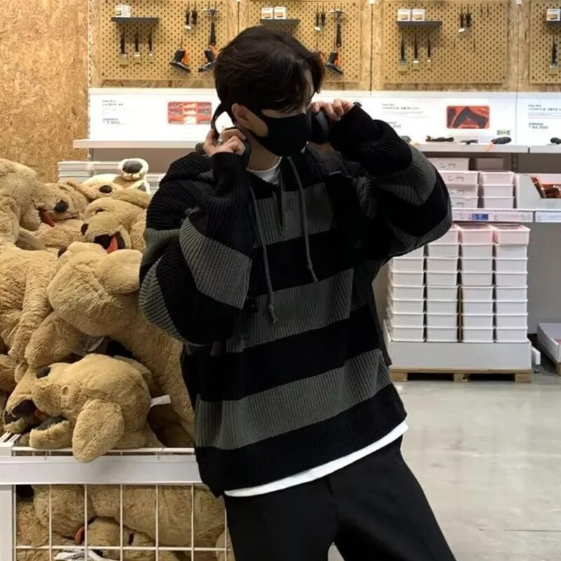 IEFB korejiešu trikotāžas vīriešu džemperis ar kapuci, svītrains rudens vintage tops, svītrots, jauns, brīvs trikotāžas džemperis 9A5473a