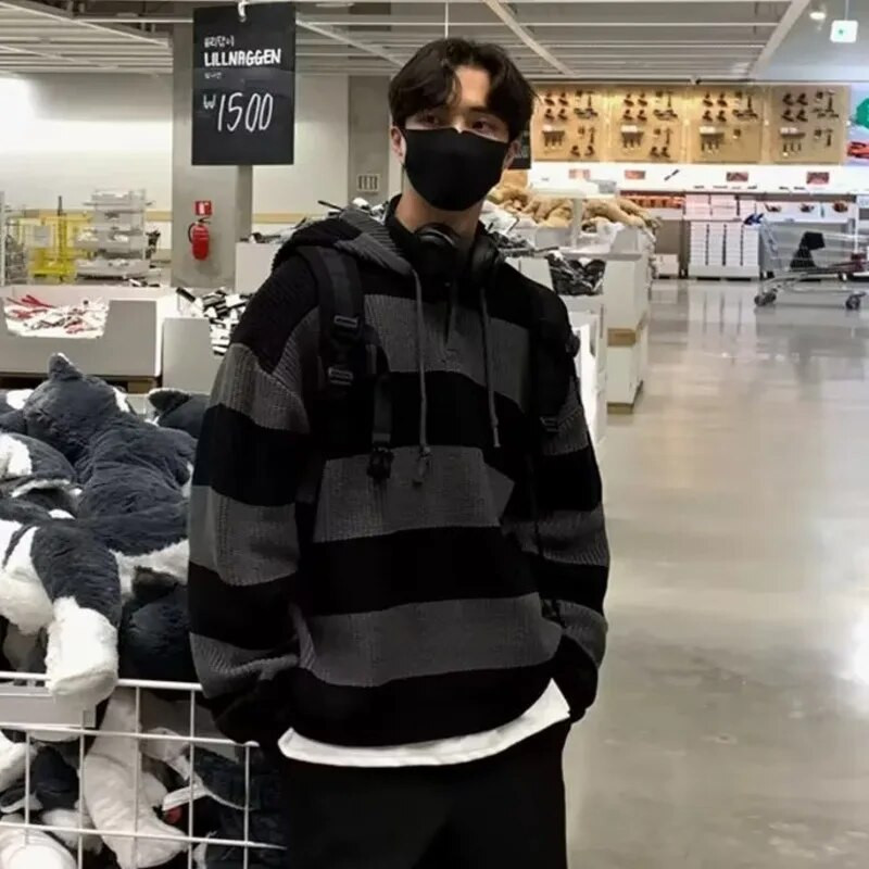 IEFB korejiešu trikotāžas vīriešu džemperis ar kapuci, svītrains rudens vintage tops, svītrots, jauns, brīvs trikotāžas džemperis 9A5473a