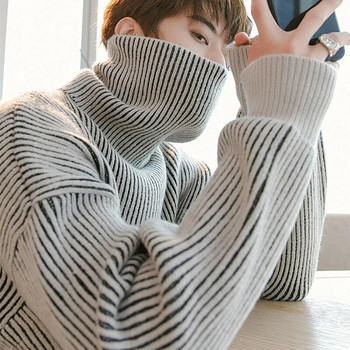 Ριγέ στάμπα Ανδρικό πουλόβερ με ζιβάγκο Χειμερινό επαγγελματικό Casual Διατηρήστε ζεστό Harajuku Υπερμεγέθη πουλόβερ Εφηβική μόδα Streetwear