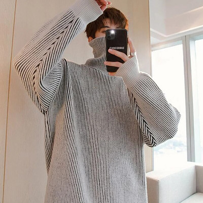 Prugasti print Muški pulover s dolčevitom Zimski poslovni ležerni Održavajte toplinu Harajuku Preveliki puloveri Tinejdžerska moda Ulična odjeća