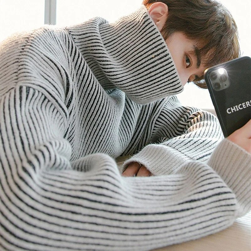 Prugasti print Muški pulover s dolčevitom Zimski poslovni ležerni Održavajte toplinu Harajuku Preveliki puloveri Tinejdžerska moda Ulična odjeća