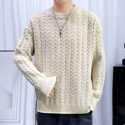 Ανδρικά χειμωνιάτικα πλεκτά ριγέ πουλόβερ Υπαίθρια αντιανεμικό με κεντητό πουλόβερ Ανδρικό casual μονόχρωμο θερμικό πουλόβερ