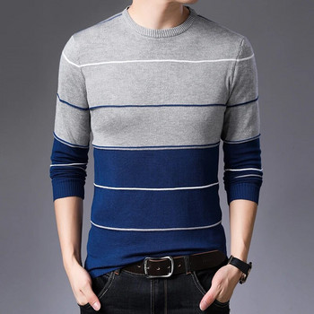 Есенно-зимни модни раирани мъжки пуловери Slim Fit Ежедневен пуловер Мъжки трикотаж Пуловер с О-образно деколте Плетени пуловери Мъжко облекло
