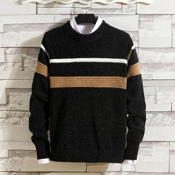 Есен Зима Мъжки пуловер с О-образно деколте и дълъг ръкав Раирана щампа пачуърк Цветен тънък пуловер Плетива Горнища Streetwear