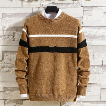 Есен Зима Мъжки пуловер с О-образно деколте и дълъг ръкав Раирана щампа пачуърк Цветен тънък пуловер Плетива Горнища Streetwear