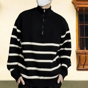 Μαύρο λευκό πουλόβερ με λαιμόκοψη με φερμουάρ Ανδρικό πουλόβερ φθινοπωρινό χειμωνιάτικο πουλόβερ με ριγέ γιακά με φερμουάρ που ταιριάζει με τα μεσαία