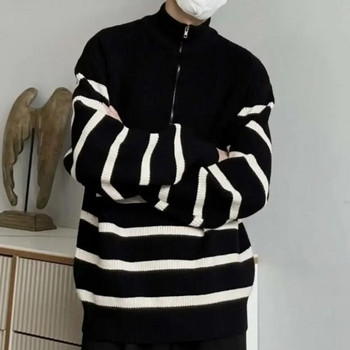 Μαύρο λευκό πουλόβερ με λαιμόκοψη με φερμουάρ Ανδρικό πουλόβερ φθινοπωρινό χειμωνιάτικο πουλόβερ με ριγέ γιακά με φερμουάρ που ταιριάζει με τα μεσαία