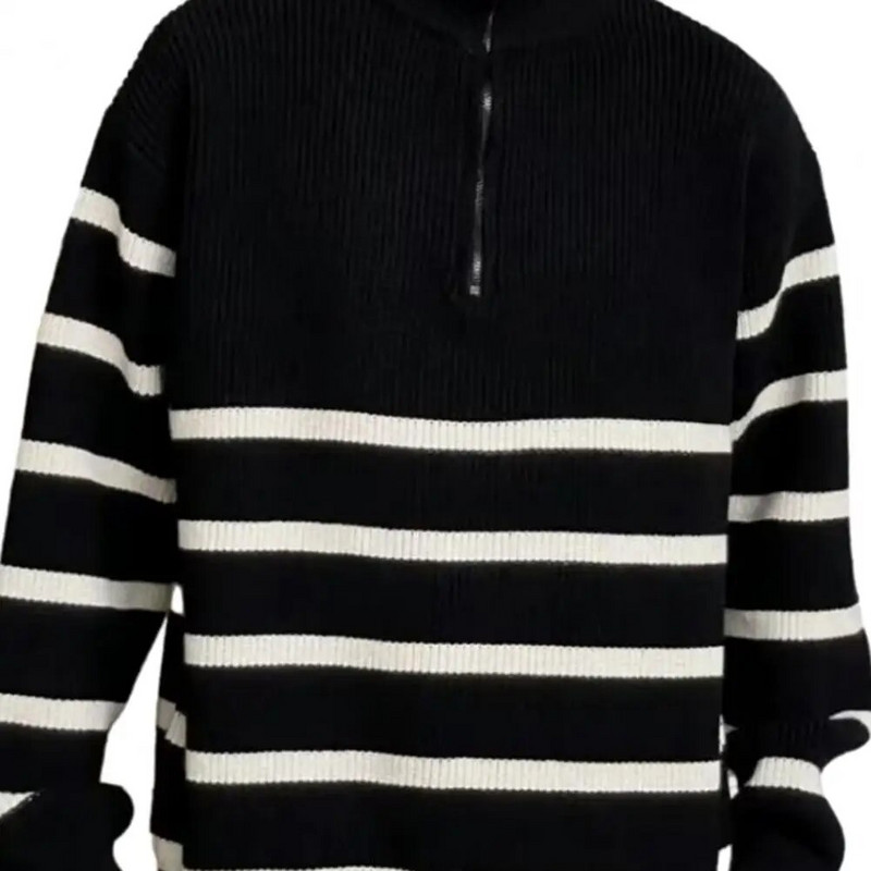 Crno-bijeli džemper s izrezom na patentni zatvarač Muški jesensko-zimski džemper s patentnim zatvaračem i stojećim ovratnikom na pruge u boji za sredinu