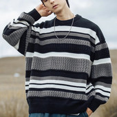 Jesenné teplé pánske pletené svetre, nové pruhované pánske svetre s výstrihom do O-krku, pánska móda, jednoduchý sveter v štýle Harajuku, topy, párové svetre