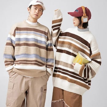 Есенни топли мъжки плетени пуловери Нов мъжки джъмпер на райета с О-образно деколте Мъжка мода Прост пуловер в стил Harajuku Пуловер за двойка