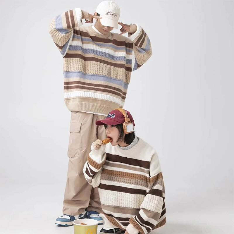 Jesenné teplé pánske pletené svetre, nové pruhované pánske svetre s výstrihom do O-krku, pánska móda, jednoduchý sveter v štýle Harajuku, topy, párové svetre