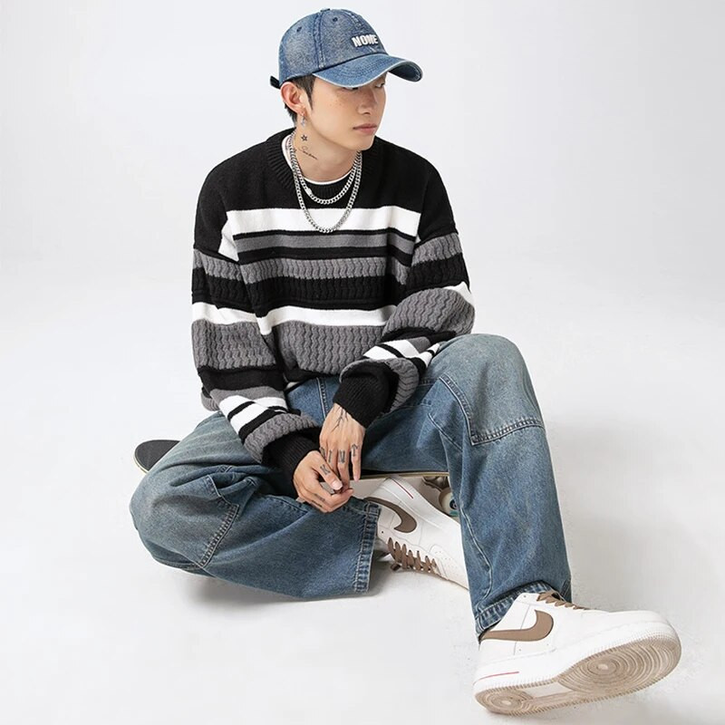 Jesenné teplé pánske pletené svetre, nové pruhované pánske svetre s výstrihom do O-krku, pánska móda, jednoduchý sveter v štýle Harajuku, topy, párové svetre