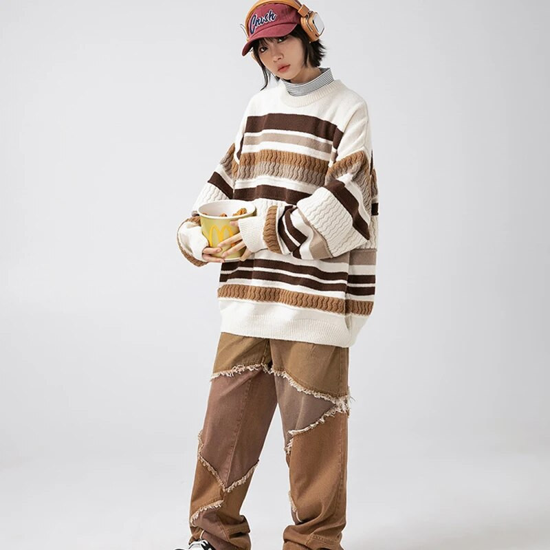 Jesenné teplé pánske pletené svetre, nové pruhované pánske svetre s výstrihom do O-krku, pánska móda, jednoduchý sveter v štýle Harajuku, topy, párové svetre