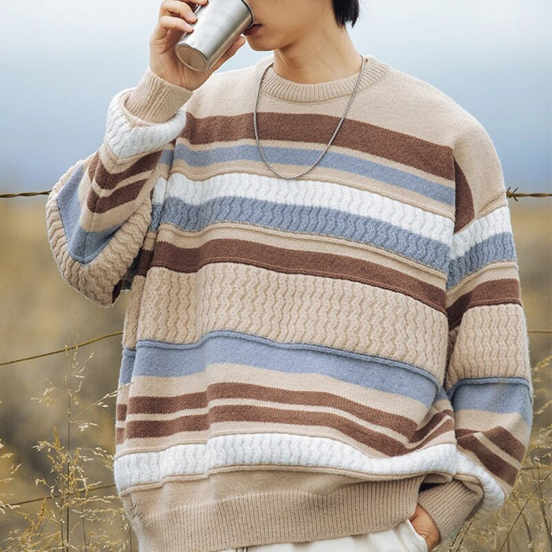 Jesenné teplé pánske pletené svetre, nové pruhované pánske svetre s výstrihom do O-krku, pánska móda, jednoduchý sveter v štýle Harajuku, topy, párové svetre