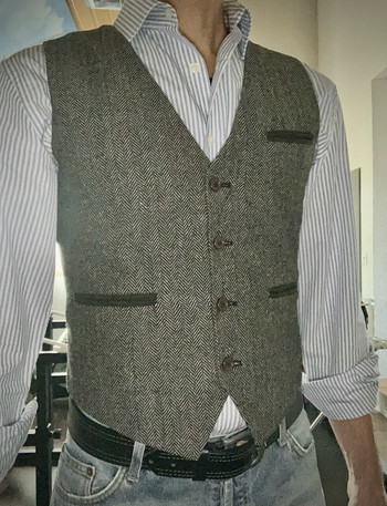 Βαθύ γιλέκο κοστούμι με λαιμόκοψη σε σχήμα V Κλασικό επίσημο επαγγελματικό Ξύλινο γιλέκο ψαροκόκκαλο ανδρικό γιλέκο για γάμο