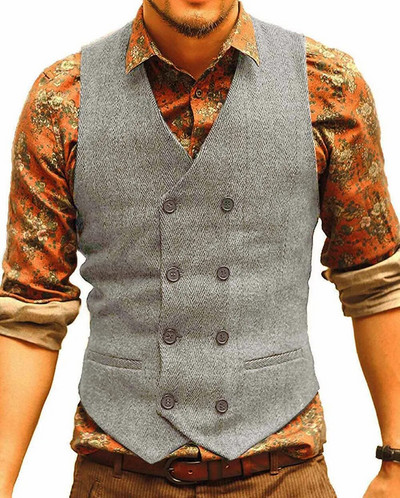 Ανδρικό κοστούμι γιλέκο V λαιμόκοκκο μαλλί ψαροκόκκαλο Casual Επίσημο Επαγγελματικό Διπλό Γιλέκο Γαμπρός για Γάμο Πράσινο/Μαύρο/Καφέ