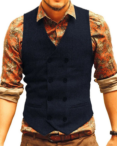 Ανδρικό κοστούμι γιλέκο V λαιμόκοκκο μαλλί ψαροκόκκαλο Casual Επίσημο Επαγγελματικό Διπλό Γιλέκο Γαμπρός για Γάμο Πράσινο/Μαύρο/Καφέ