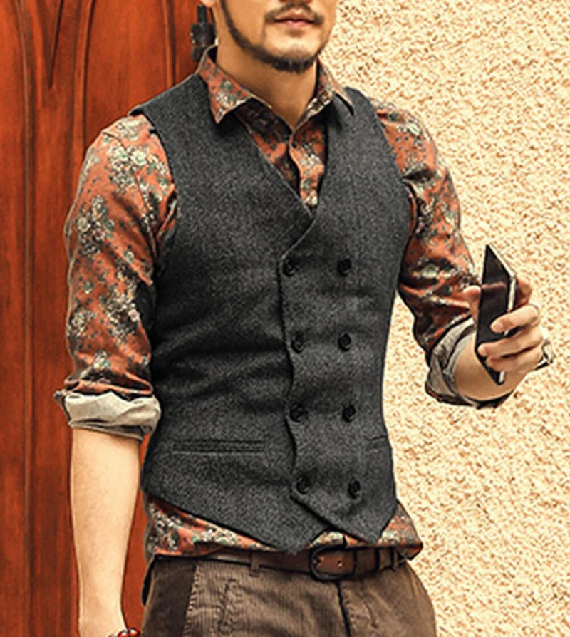 Ανδρικό κοστούμι γιλέκο V λαιμόκοκκο μαλλί ψαροκόκκαλο Casual Επίσημο Επαγγελματικό Διπλό Γιλέκο Γαμπρός για Γάμο Πράσινο/Μαύρο/Καφέ