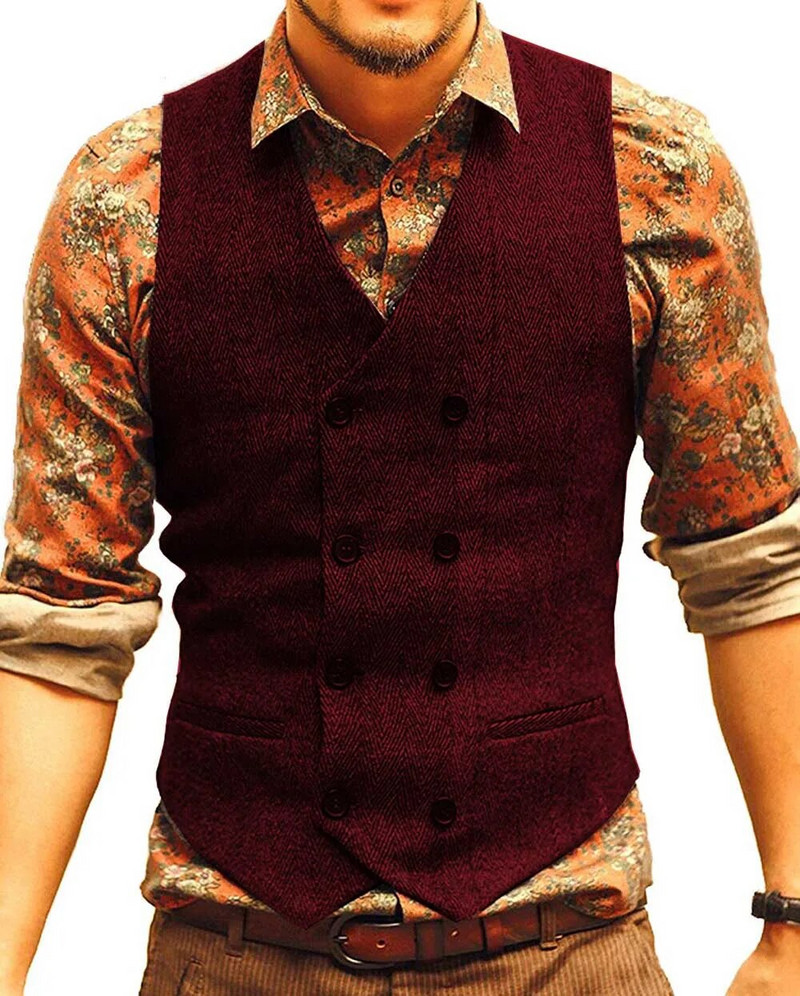 Ανδρικό κοστούμι γιλέκο V λαιμόκοκκο μαλλί ψαροκόκκαλο Casual Επίσημο Επαγγελματικό Διπλό Γιλέκο Γαμπρός για Γάμο Πράσινο/Μαύρο/Καφέ