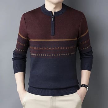 Есенно и зимно мъжко облекло Пуловер с цип на райета с макетно деколте, плетена долна риза за средна възраст Ежедневен пуловер Вътрешно облекло