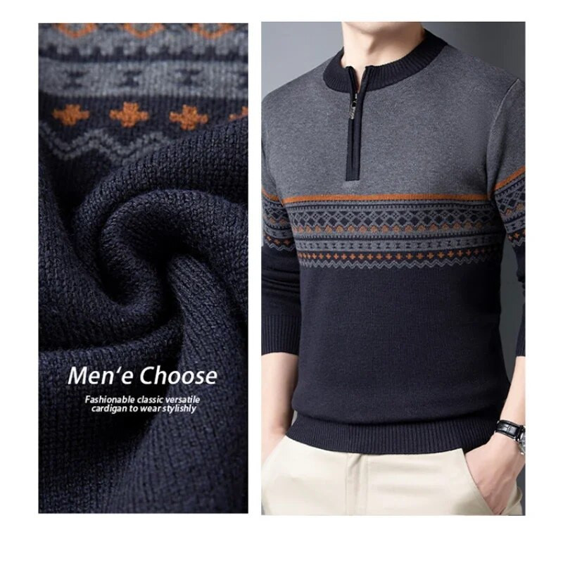 Rudens ir žiemos vyriški drabužiai Dryžuotas džemperis su užtrauktuku Vidutinio amžiaus megzti apatiniai marškinėliai Laisvalaikio megztinio vidinė apranga