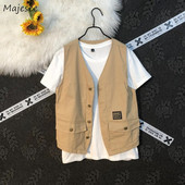 Vestes Vīriešu Vasaras Retro Baggy Japāņu Modes Bezpiedurknēm Dizains High Street Harajuku Teens Visas spēles Ulzangas studenti Populāri