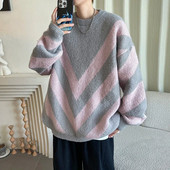 Zimski niche retro prugasti džemperi Muški O-izrez Usklađene boje Opušteni ležerni pulover s visokim ulicama Muški puloveri Muška odjeća