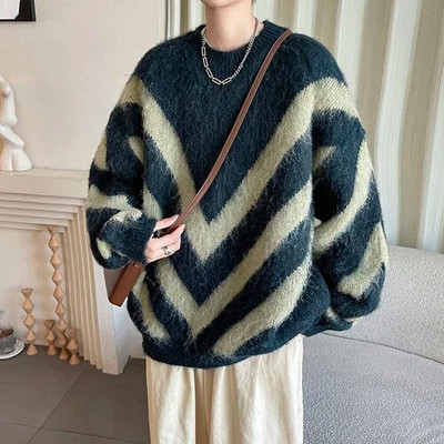 Zimski niche retro prugasti džemperi Muški O-izrez Usklađene boje Opušteni ležerni pulover s visokim ulicama Muški puloveri Muška odjeća