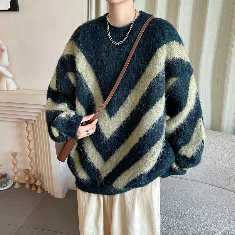 Zimski niche retro prugasti džemperi Muški O-izrez Usklađene boje Opušteni ležerni pulover s visokim ulicama Muški puloveri Muška odjeća