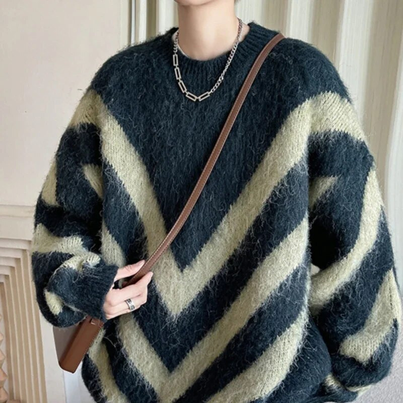 Zimski niche retro prugasti džemperi Muški O-izrez Usklađene boje Opušteni ležerni pulover s visokim ulicama Muški puloveri Muška odjeća