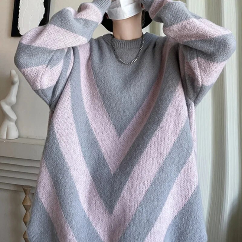 Zimski niche retro prugasti džemperi Muški O-izrez Usklađene boje Opušteni ležerni pulover s visokim ulicama Muški puloveri Muška odjeća