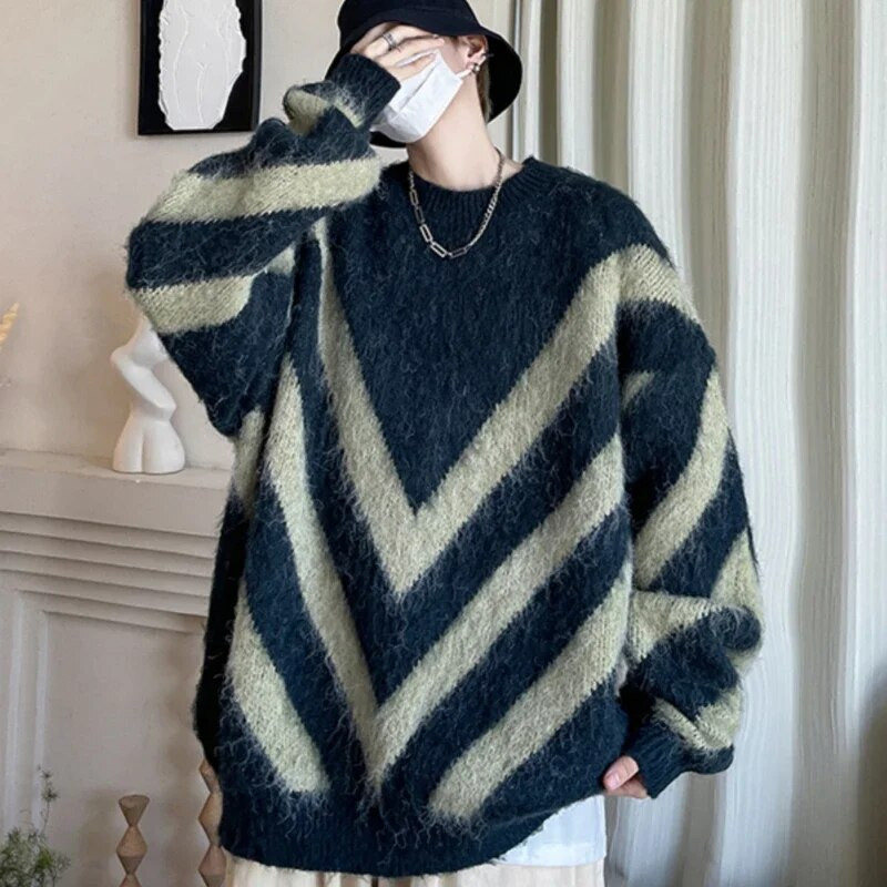 Zimski niche retro prugasti džemperi Muški O-izrez Usklađene boje Opušteni ležerni pulover s visokim ulicama Muški puloveri Muška odjeća