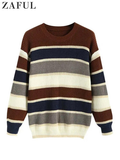 ZAFUL Pleteni pulover za muškarce Colourblock Veliki prugasti pulover Unisex Streetwear Pulover Jesen Zima Džemper dugih rukava