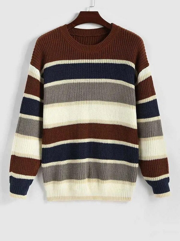 ZAFUL Pleteni pulover za muškarce Colourblock Veliki prugasti pulover Unisex Streetwear Pulover Jesen Zima Džemper dugih rukava