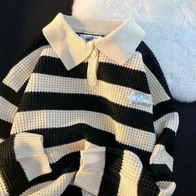 Muški pulover Polo Puloveri na pruge Ženski široki mekani pleteni pulover Ovratnik s otvorenim ovratnikom Dugi rukavi Gumbi Jesenske ležerne majice
