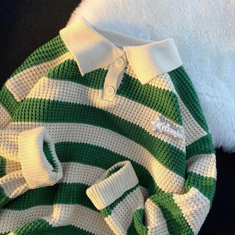 Muški pulover Polo Puloveri na pruge Ženski široki mekani pleteni pulover Ovratnik s otvorenim ovratnikom Dugi rukavi Gumbi Jesenske ležerne majice