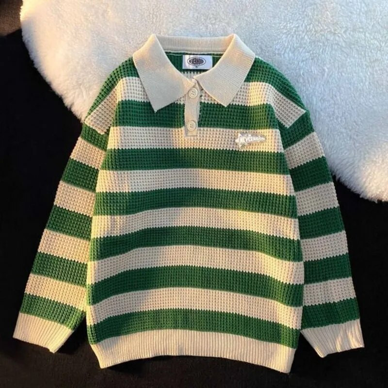 Muški pulover Polo Puloveri na pruge Ženski široki mekani pleteni pulover Ovratnik s otvorenim ovratnikom Dugi rukavi Gumbi Jesenske ležerne majice