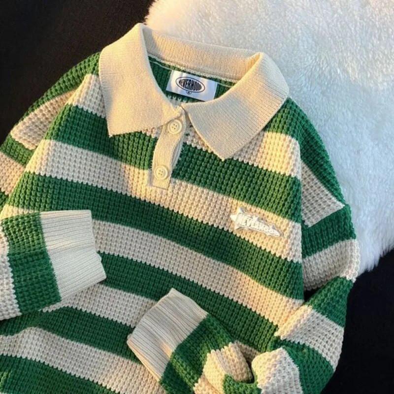 Muški pulover Polo Puloveri na pruge Ženski široki mekani pleteni pulover Ovratnik s otvorenim ovratnikom Dugi rukavi Gumbi Jesenske ležerne majice