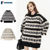 Ležerni prugasti pleteni pulover Muški ženski američki široki pleteni veste s okruglim izrezom Unisex jesen Harajuku Retro džemper