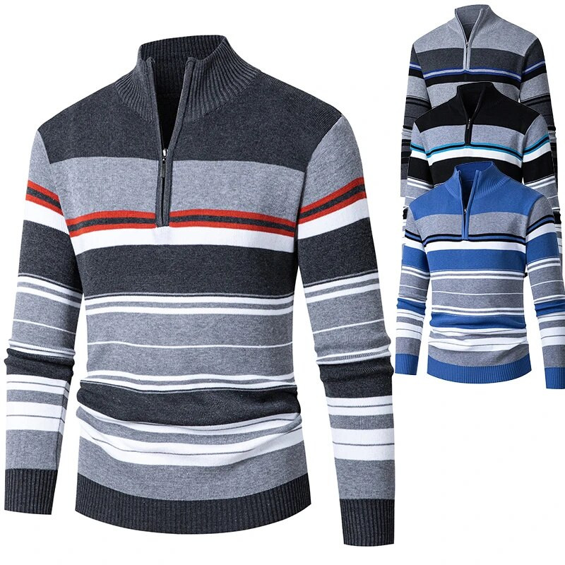 Vintage πλεκτό πουλόβερ Poullover Homme Man Μόδα φερμουάρ Ριγέ Mock λαιμόκοψη Χριστουγεννιάτικο πουλόβερ Ανδρικό Ζεστό Ζέρσεϊ Hombre Streetwear