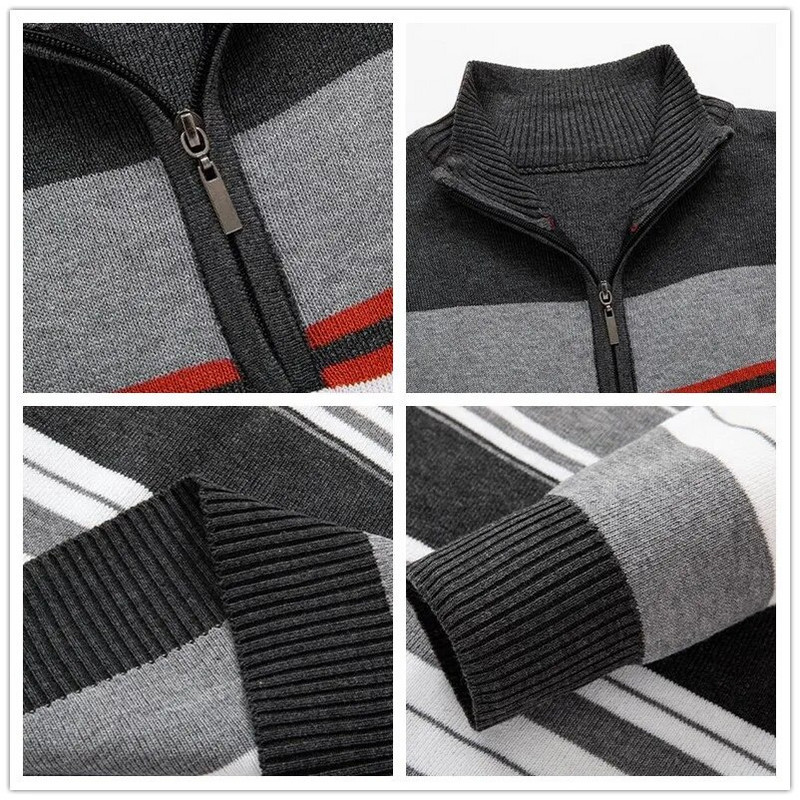 Vintage πλεκτό πουλόβερ Poullover Homme Man Μόδα φερμουάρ Ριγέ Mock λαιμόκοψη Χριστουγεννιάτικο πουλόβερ Ανδρικό Ζεστό Ζέρσεϊ Hombre Streetwear