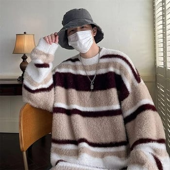 Есенно облекло Мъжки луксозен плетен пуловер от мохер Ежедневни корейски мъжки дрехи с райе с дълъг ръкав и О-образно деколте