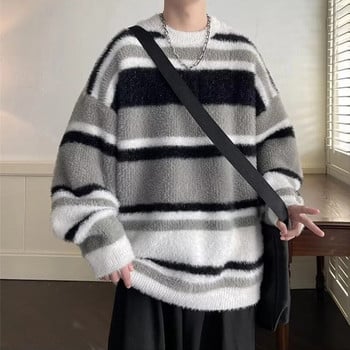 Φθινοπωρινά ρούχα Πολυτελή ανδρικά πλεκτά πουλόβερ πουλόβερ μοχέρ casual μακρυμάνικο ριγέ O λαιμό Vintage κορεάτικα ανδρικά ρούχα