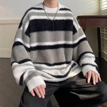 Есенно облекло Мъжки луксозен плетен пуловер от мохер Ежедневни корейски мъжки дрехи с райе с дълъг ръкав и О-образно деколте