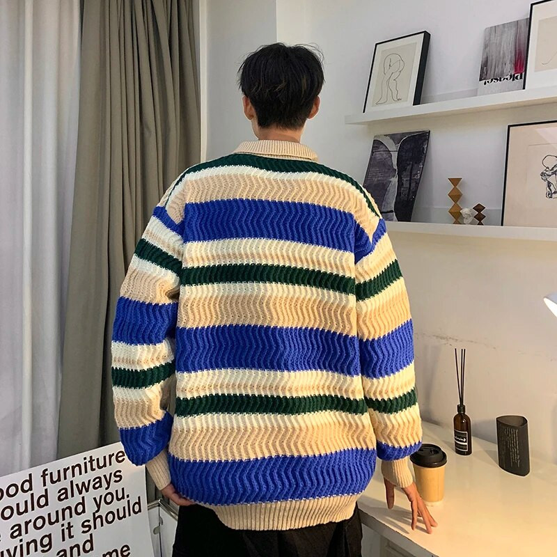 Jaapani vikerkaare triibuline polokaelusega kampsun, sügistalvine ülisuur vaba vabaaja kampsunid, pulloverid, meeste riided