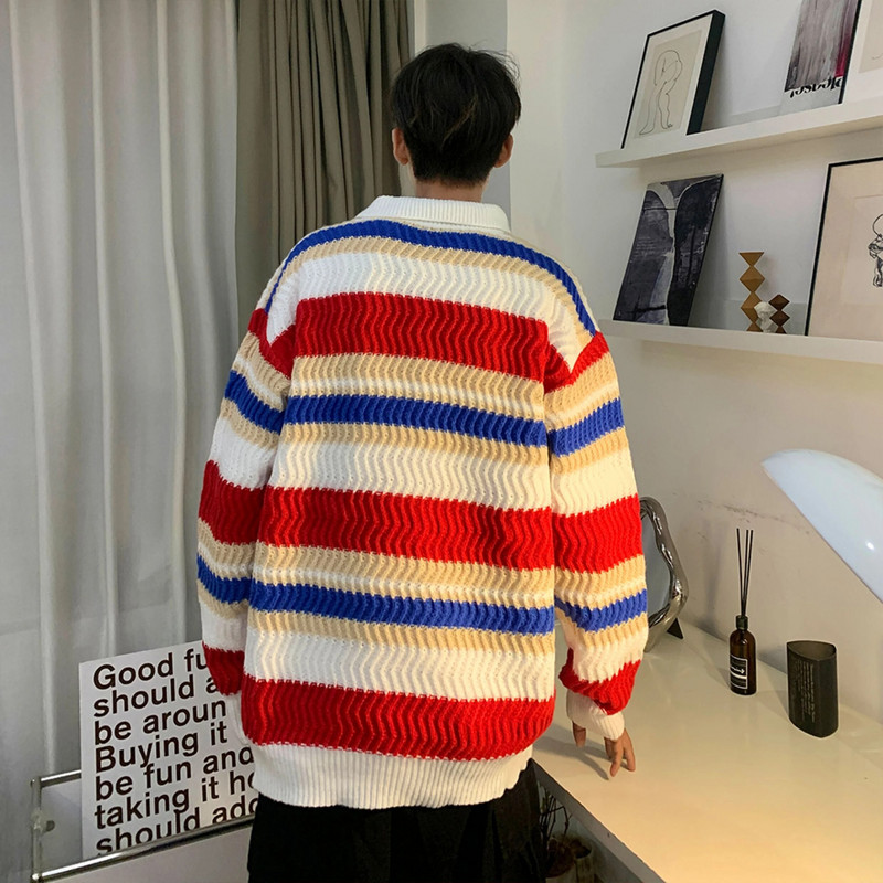 Jaapani vikerkaare triibuline polokaelusega kampsun, sügistalvine ülisuur vaba vabaaja kampsunid, pulloverid, meeste riided