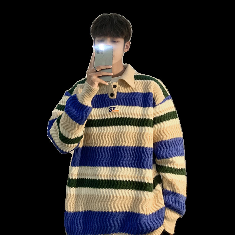 Jaapani vikerkaare triibuline polokaelusega kampsun, sügistalvine ülisuur vaba vabaaja kampsunid, pulloverid, meeste riided