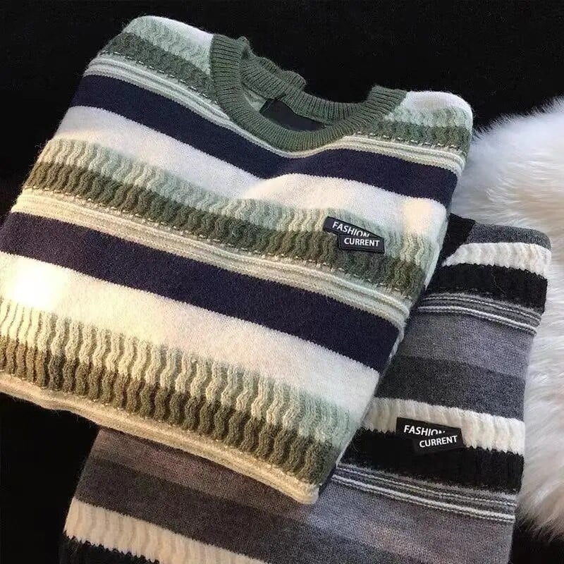 Φθινοπωρινό χειμωνιάτικο ριγέ πουλόβερ με λαιμόκοψη σε Ιαπωνικό στυλ Ρετρό Causal Loose High Street Πουλόβερ Πουλόβερ Μπουφάν Ανδρικά ρούχα