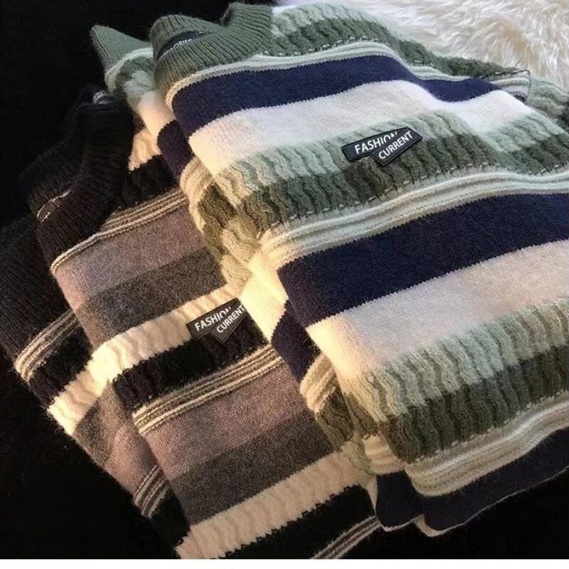 Φθινοπωρινό χειμωνιάτικο ριγέ πουλόβερ με λαιμόκοψη σε Ιαπωνικό στυλ Ρετρό Causal Loose High Street Πουλόβερ Πουλόβερ Μπουφάν Ανδρικά ρούχα