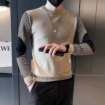 Ανδρικό χειμωνιάτικο πουλόβερ με γυριστό γιακά 2023 Φθινόπωρο Νέας μόδας ριγέ μακρυμάνικο πουλόβερ με κυματιστά πλεκτά μπλουζάκια στο κάτω μέρος